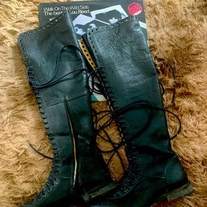 Free People Black Genuine leather knee high side zipper lace up boots 7